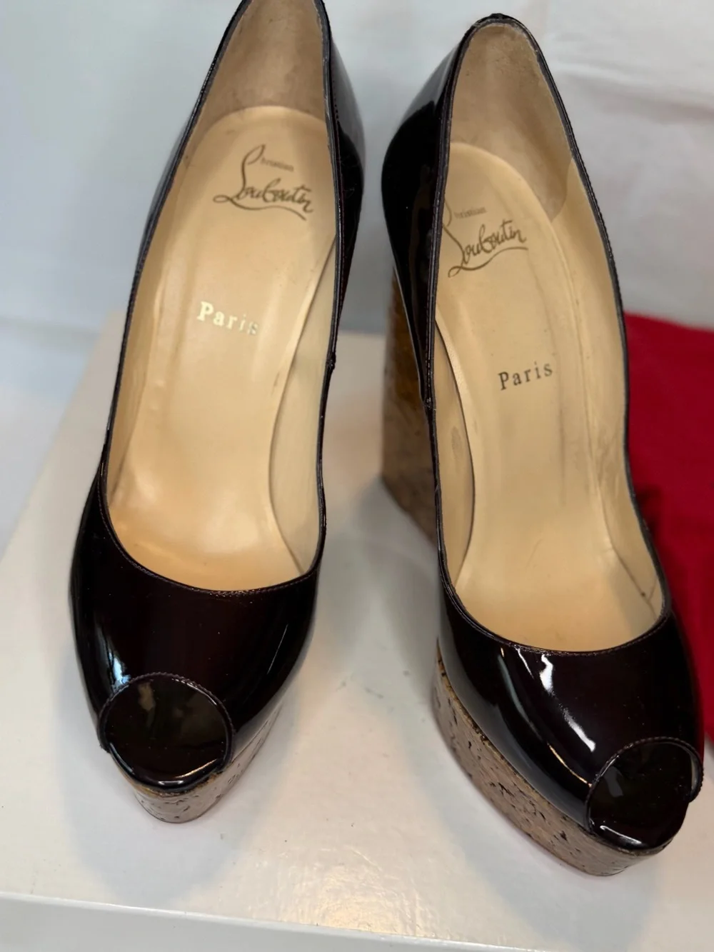 Christian Louboutin Black Patent Peep-Toe Cork Platform Wedges